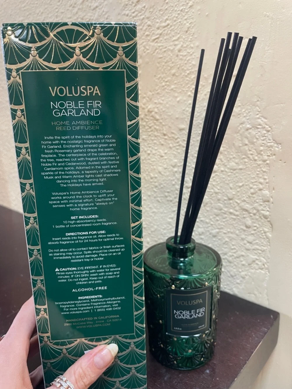 Voluspa Noble Fir Garland Green Glass Reed Diffuser with Black Reeds 6.8 Fl Oz